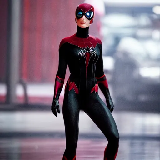 Image similar to Natalie Portman as spiderwoman, dramatic cinematic portrait, rain