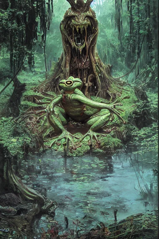 Image similar to a froglike demon emerges from a pond in ancient woodland, water splashing cascading, alien flora and fauna, by ruan jia, jack kirby, norman rockwell, wayne barlow, sergey krasovskiy, zdzislaw beksinski, boris vallejo, artstation creature