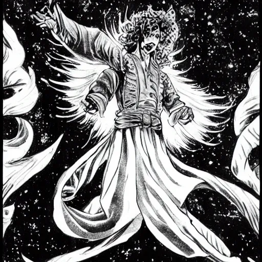 Image similar to black and white pen and ink!!!!!!! Tim Burton designed Ryan Gosling wearing cosmic space robes made of stars final form flowing royal hair golden!!!! Vagabond!!!!!!!! floating magic swordsman!!!! glides through a beautiful!!!!!!! Camellia flower battlefield dramatic esoteric!!!!!! Long hair flowing dancing illustrated in high detail!!!!!!!! by Moebius and Hiroya Oku!!!!!!!!! graphic novel published on 2049 award winning!!!! full body portrait!!!!! action exposition manga panel black and white Shonen Jump issue by David Lynch eraserhead and beautiful line art Hirohiko Araki!! Rossetti, Millais, Mucha, Jojo's Bizzare Adventure