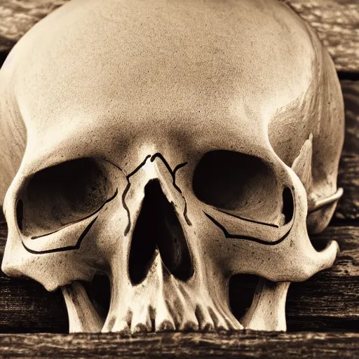 Prompt: skull on a table, XF IQ4, 150MP, 50mm, f/1.4, ISO 200, 1/160s, natural light, Adobe Photoshop, Adobe Lightroom, DxO Photolab, polarizing filter, Sense of Depth, AI enhanced, HDR