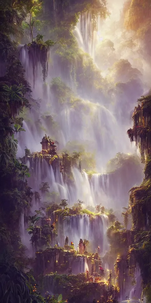 Prompt: Detailed Interior of the Tropical Jungle Monastery Ruins, Waterfall walls, lush vegetation, flock of birds, the glowing throne, stunning atmosphere, in Style of Peter Mohrbacher, cinematic lighting