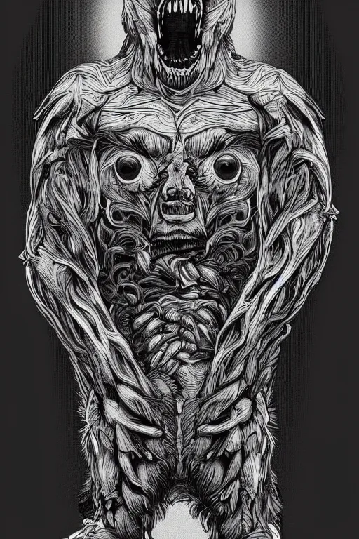 Image similar to black and white illustration, creative design, body horror, bear monster