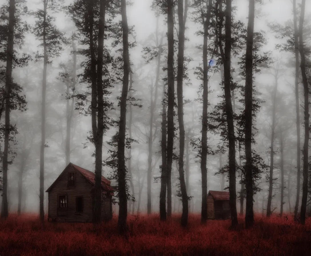 Image similar to a creepy cabin in the middle of a foggy haunted forest, nightmare, horror, haunting, soft tones, red sky, ominous lighting, dark, stormy