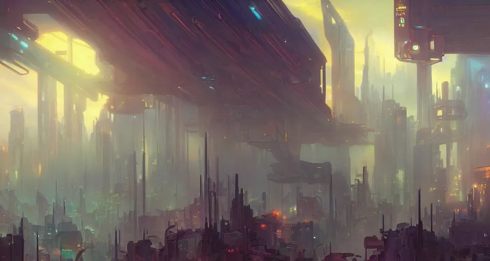 Image similar to A beautiful landscape painting of cyberpunk landscape by Alfons Maria Mucha and Don Bluth and Makoto Shinkai