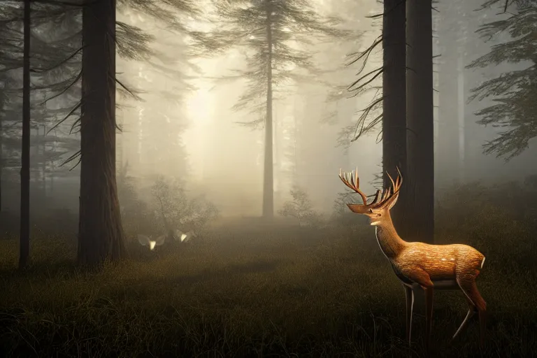 Image similar to a close up of the head of a deer with glowing eyes in the foreground, background of a landscape misty forest scene, the sun glistening through the trees, hyper realistic photograph, octane render 8k, trending on artstation, unreal engine