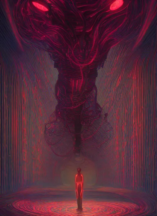 Image similar to A wall made out of eyes, flat, neon, RGB, glowing wires everywhere, pristine, by Edgar Maxence and Ross Tran, Zdzisław Beksiński, and Michael Whelan, gustav dore, H.R. Giger, 8k, octane render