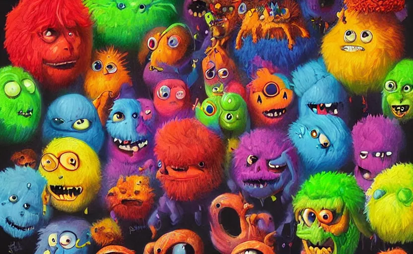 Image similar to a cinematic poster squad of tennis ball monsters, colorful, digital art, fantasy, magic, chalk, trending on artstation, ultra detailed, professional illustration by basil gogos