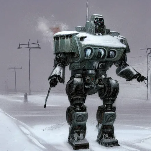 Prompt: russian walking steam mecha machine in the snow, Rozalski, trending on artstation