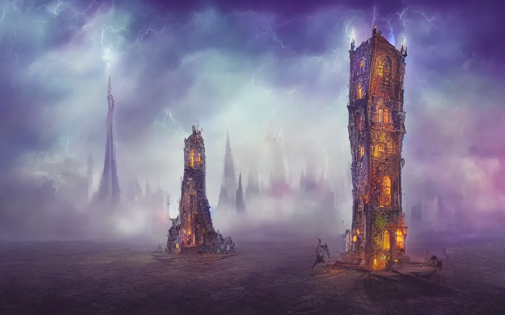 Prompt: only one and unique large on base majestic rectangular upright magic tower, thunders, highly detailed background, fog on the ground, a dash of magic, vibrant color palette, trending on artstation, digital art, by salvador dali