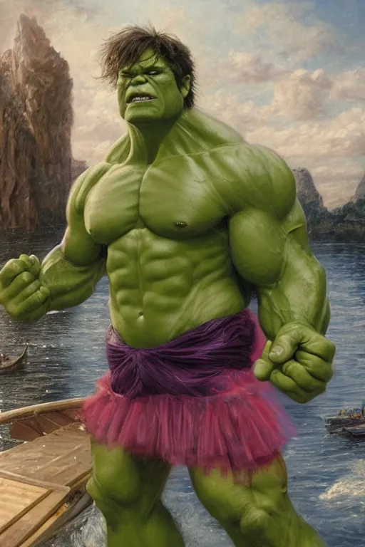 Prompt: Film Still of Hulk wearing a tutu on a boat, oil on canvas, intricate, portrait, 8k highly professionally detailed, HDR, CGsociety
