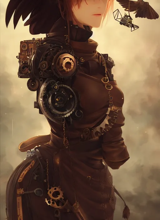 Image similar to steampunk themed anime girl with a steampunk robotic crow on her shoulder, finely detailed, portrait, beautiful, cinematic lighting, made by wlop, artgerm, illustration