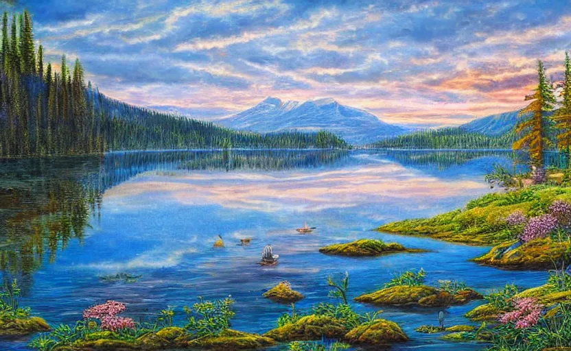 Image similar to beautiful award winning mythical painting of a canadian lake, extreme detail, 4 k, ultra hd