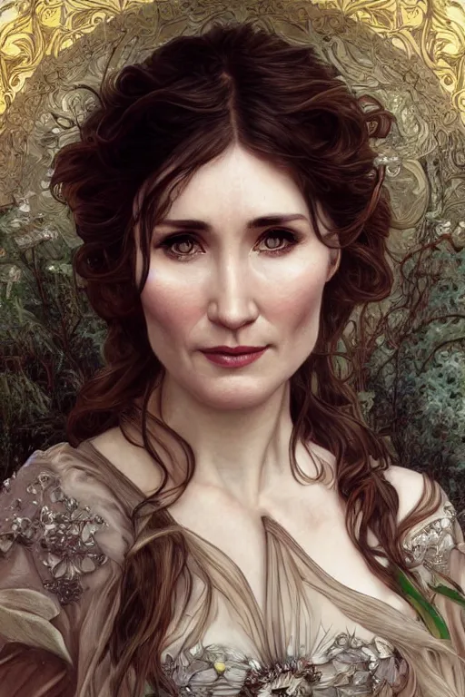 Image similar to carice van houten, cute, fantasy, intricate, elegant, highly detailed, digital painting, 4 k, hdr, concept art, smooth, sharp focus, illustration, art by artgerm and h r giger and alphonse mucha