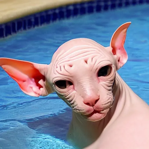 Image similar to a hairless sphynx cat swimming in a baby pool filled with milk