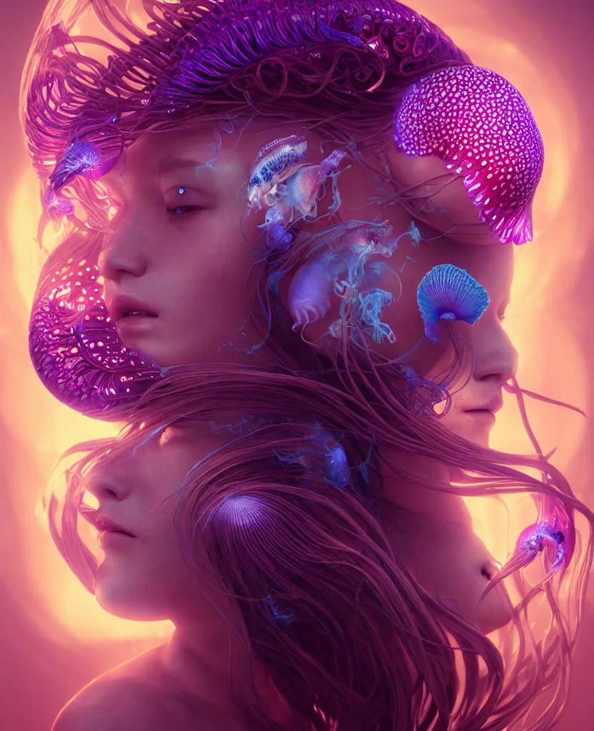 Image similar to goddess close-up portrait. jellyfish phoenix head, nautilus, orchid, skull, betta fish, bioluminiscent creatures, intricate artwork by Tooth Wu and wlop and beeple. octane render, trending on artstation, greg rutkowski very coherent symmetrical artwork. cinematic, hyper realism, high detail, octane render, 8k