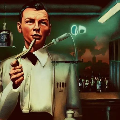 Image similar to perfect composition, cinematic atmosphere, award-winning concept art, detailed digital painting, airbrushed: young Frank Sinatra as a poor 1950s bartender. Soviet dystopia, cyberpunk, steampunk. Poverty. Volumetric cinematic lighting, great attention to perfect anatomy, special attention to posing, great attention to realistic facial expression, faithful cinematic color scheme, perfectly coherent. In the style of: Greg Rutkowski, Francis Bacon, Syd Mead, Norman Rockwell, Beksinski, Edward Hopper, James Gilleard, Ilya Kuyshinov, WLOP, Stanley Artgerm, Takato Yamamoto, and James Jean.