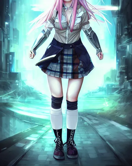 Prompt: The successful warrior is the average man, with laser-like focus, artwork by artgerm, anime, cyberpunk streets in Japan, elegant, seductive, long white hair, knee high socks, extra short blue plaid skirt, white blouse, army boots, full shot, wide-shot, long-shot, fantasy, mystical, magical