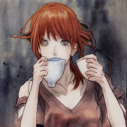 Prompt: woman drinking coffee, by yoshiyuki sadamoto