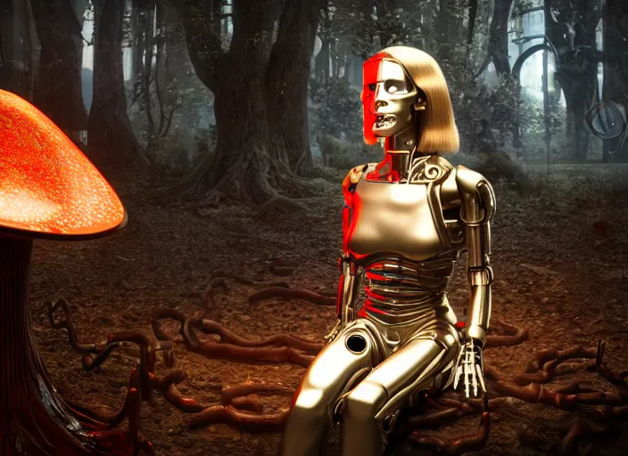 Image similar to photo of an intricate and sophisticated terminator woman with borg enhancements, blonde hair, plastic mask, sitting on a giant mushroom in a weird magical mechanical forest and drinking a cup of tea. Very detailed 8k. Fantasy cyberpunk horror. Sharp. Unreal 5 render with nanite, global illumination and path tracing. Cinematic post-processing