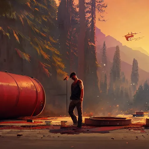 Prompt: huge pack of dynamite on a red rusty oil - drum in gta v, stephen bliss, unreal engine, fantasy art by greg rutkowski, loish, rhads, ferdinand knab, makoto shinkai and lois van baarle, ilya kuvshinov, rossdraws, tom bagshaw, global illumination, detailed and intricate environment