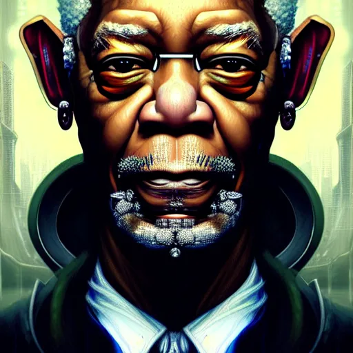 Image similar to portrait painting of a cyberpunk elf corporate boss morgan freeman, sharp focus, award - winning, trending on artstation, masterpiece, highly detailed, intricate. art by charlie bowater and greg staples and elsa beskow and brian froud and jessica rossier