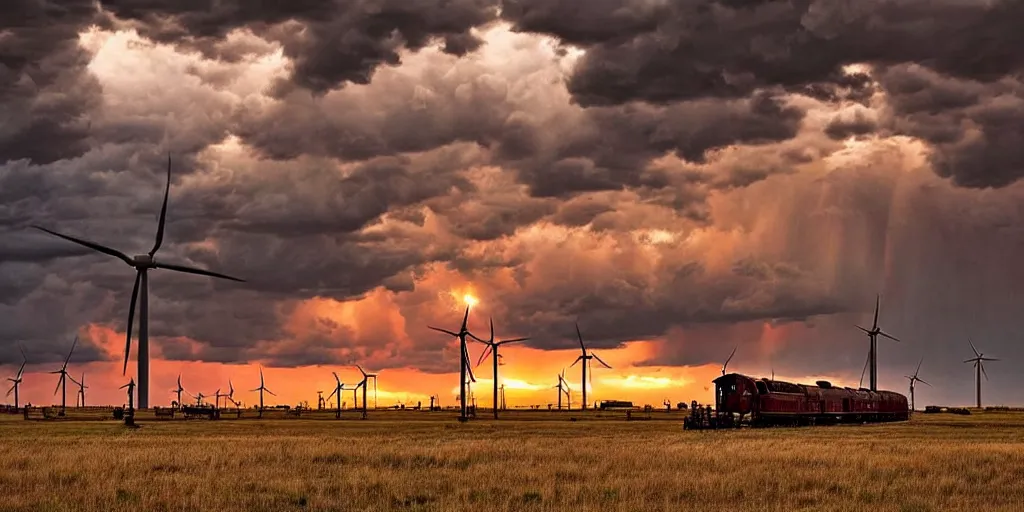 Image similar to photo of a stormy west texas sunset, perfect rustic pumpjack!, wind turbine!, abandoned train!!, horses!!, cows!!, high resolution lightning, golden hour, high detail, beautiful!!!