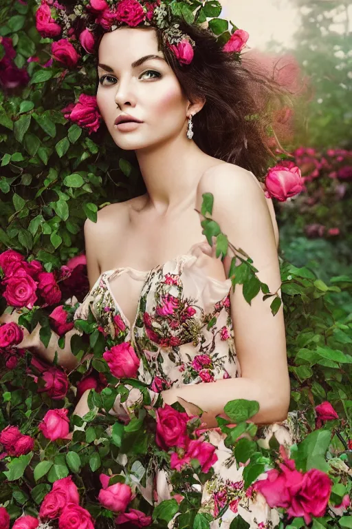 Image similar to realistic photograph of a beautiful woman in a lush garden with roses in her hair and an intricate gown, portrait, highly detailed,