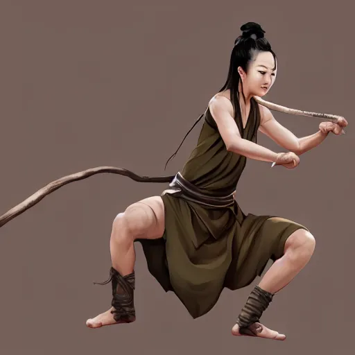 Prompt: a female drunken master monk exercising by wlop, wuxia, xianxia, drunken boxing, drunken fist, drunken master, weathered olive skin, athletic, playful, beautiful, fully clothed, monk's robe, detailed, realistic, anatomically accurate, fantasy illustration, artstation, wlop.