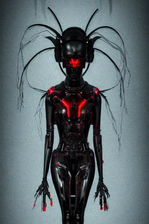 Image similar to full-body cyberpunk style sculpture of a young beautiful dark priestess, half android with a head opening exposing circuitry, glowing red eyes, black roses, flowing blood red colored silk, fabric, candles. baroque elements, human skull. full-length view. baroque element. intricate artwork by Caravaggio. crows flying in background. Trending on artstation, octane render, cinematic lighting from the right, hyper realism, octane render, 8k, depth of field, 3D