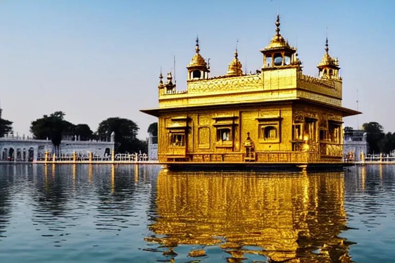 Image similar to an amazing award winning photo of a golden temple in a lake, symmetrical, cinematic, masterpiece