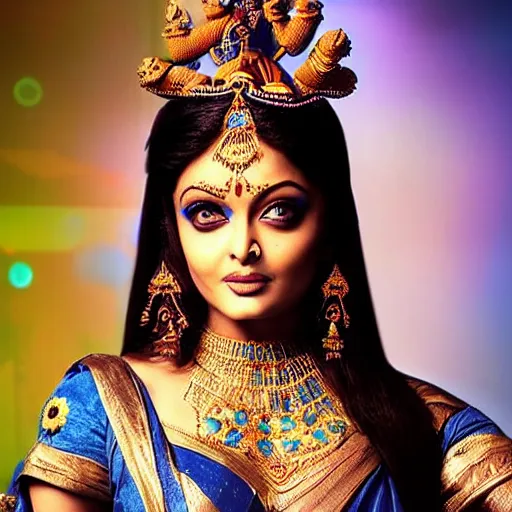 Image similar to extremely beautiful aishwarya rai as a blue - skinned indian goddess with six arms, symmetric, aesthetic!!!, cosplay, studio lighting, beautiful symmetric face, clean composition, highly symmetric body parts, gazing eyes, blue skin, blue body paint