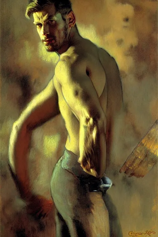 Prompt: fallout, attractive male, cool tint, painting by, gaston bussiere, craig mullins, j. c. leyendecker, edgar degas