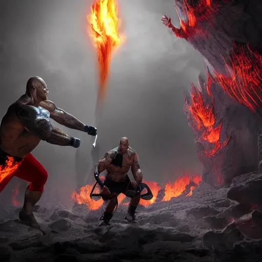 Image similar to dwayne johnson fighting demon joe biden in hell, digital artwork, trending on artstation, fire, dynamic lighting, fantasy art