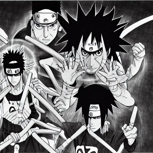 Image similar to Sasuke and Frank Zappa save Naruto manga panel award winning black and white art by Frank Zappa and Kishimoto highly detailed pen and ink matte painting