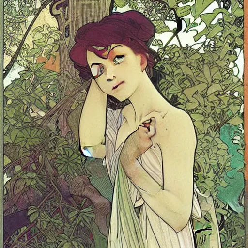 Image similar to “ a girl looking down at a bonsai!!!!!!!! tree, very detailed, by alphonse mucha and paul pope ”