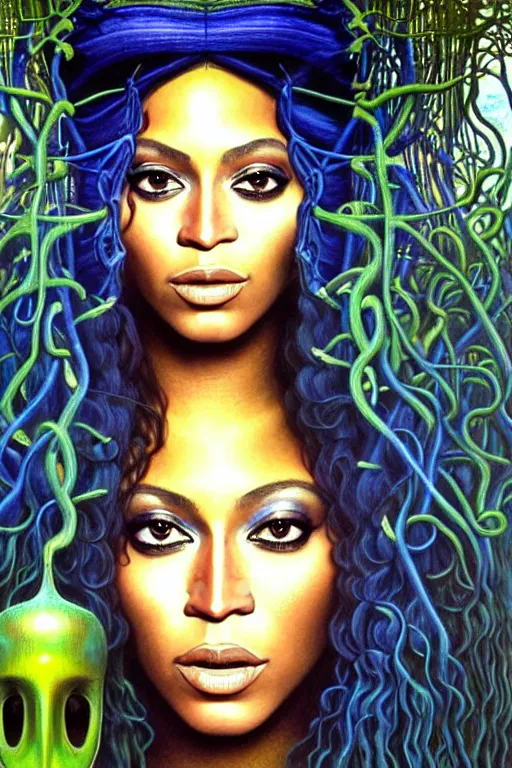 Prompt: realistic detailed face portrait painting of the beautiful beyonce with long hair with sci-fi headwear, futuristic sci-fi forest on background by Jean Delville, Amano, Yves Tanguy, Alphonse Mucha, Edward Robert Hughes, Roger Dean, rich moody colours, blue eyes