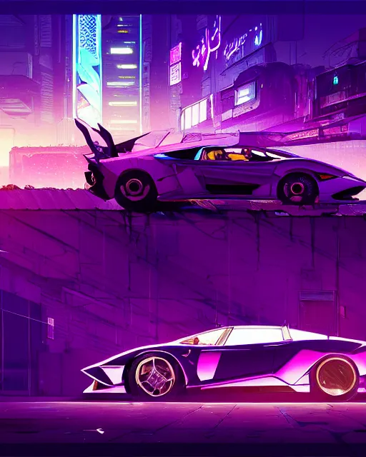 Image similar to digital illustration of cyberpunk purple lamborghini, in junkyard at night, by makoto shinkai, ilya kuvshinov, lois van baarle, rossdraws, basquiat