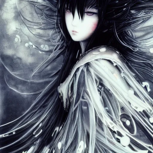 Image similar to Yoshitaka Amano blurred and dreamy illustration of an anime girl with wavy white hair and cracks on her face wearing Elden ring armour with the cape fluttering in the wind, abstract black and white patterns on the background, noisy film grain effect, highly detailed, Renaissance oil painting, weird portrait angle