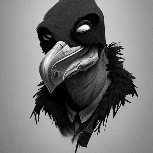 Image similar to ripped physique Man Beak portrat Sherlock Samuel Beckett Beak Detective Anthropomorphic furry fashion vogue Vulture man wearing a Buzzard costume wearing a hobo costume gerald brom bastien grivet greg rutkowski norman rockwell portrait face head beak eyes