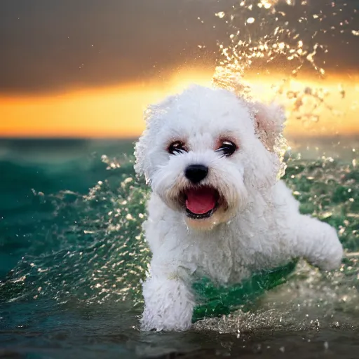 Prompt: a closeup photorealistic photograph of a cute smiling tiger bichon puppy splashing in the surf during sunset. professional capture, well lit shot. this 4 k hd image is trending on artstation, featured on behance, well - rendered, extra crisp, features intricate detail, epic composition and the style of unreal engine.