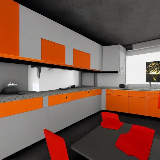 Image similar to 1970's futurist interior kitchen, furnished by aero aarino, primary colors are white, orange, yellow, and red unreal engine 8k resolution