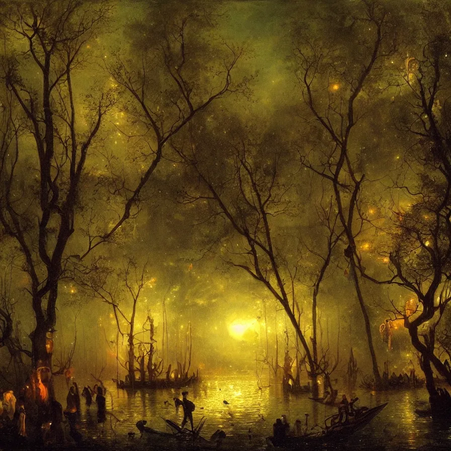 Image similar to a night carnival around a magical tree cavity, with a surreal orange moonlight and fireworks in the background, next to a lake with iridiscent water, christmas lights, volumetric lightning, folklore creatures and fantastic animals and people disguised as fantastic creatures in a magical forest by summer night, masterpieceunderwater scene, masterpiece painted by andreas achenbach, scene by night