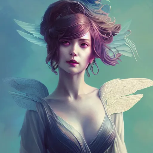 Prompt: 3 / 4 view of a portrait of woman with bird wings, confident pose, pixie, genshin impact,, intricate, elegant, sharp focus, illustration, highly detailed, concept art, matte, trending on artstation, anime, bright colors, art by wlop and artgerm and greg rutkowski, marvel comics h 6 4 0