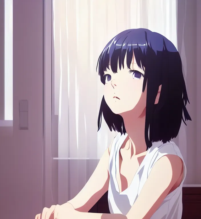 Image similar to anime visual, a young woman with white here in her room interior, cute face by ilya kuvshinov, yoshinari yoh, makoto shinkai, katsura masakazu, dynamic perspective pose, detailed facial features, kyoani, rounded eyes, crisp and sharp, cel shad, anime poster, ambient light