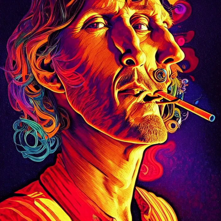 Image similar to bright psychedelic portrait of roger waters smoking dmt, diffuse lighting, fantasy, intricate, elegant, highly detailed, lifelike, photorealistic, digital painting, artstation, illustration, concept art, smooth, sharp focus, art by john collier and albert aublet and krenz cushart and artem demura and alphonse mucha