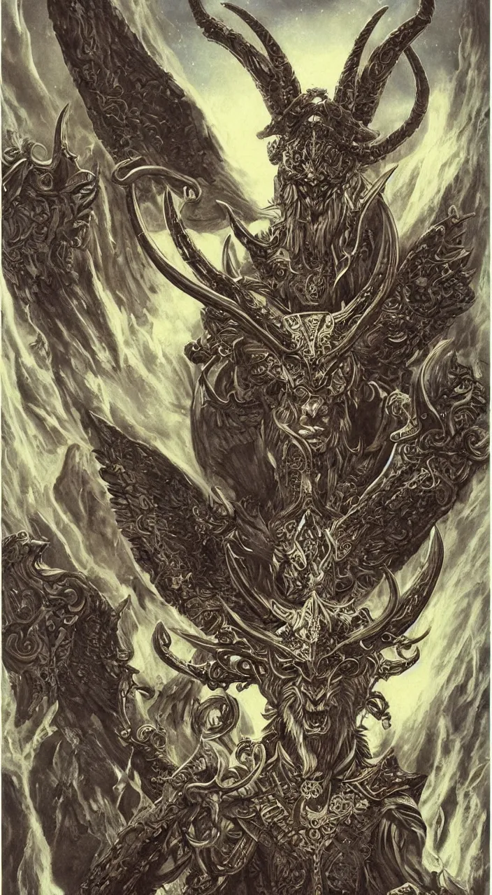 Prompt: full body concept art of baphomet wearing viking helm made with porcelain by Jeff Easley and Peter Elson + beautiful eyes, beautiful face + symmetry face + border and embellishments inspiried by Art Nouveau, fractals in the background, galaxy + baroque, gothic, surreal + highly detailed, intricate complexity, epic composition, magical atmosphere + masterpiece, award winning + trending on artstation