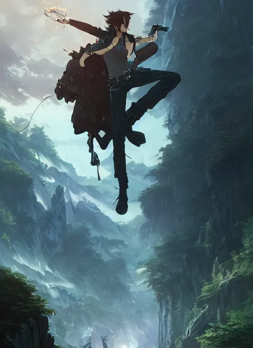 Image similar to highly detailed poster squall leonhart, stephen bliss, unreal engine, fantasy art by greg rutkowski, loish, rhads, ferdinand knab, makoto shinkai and lois van baarle, ilya kuvshinov, rossdraws, tom bagshaw, alphonse mucha, global illumination, radiant light, detailed and intricate environment