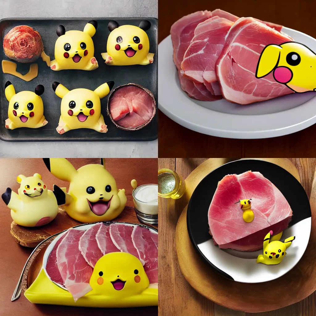 Prompt: delicious ham pikachu, food photography