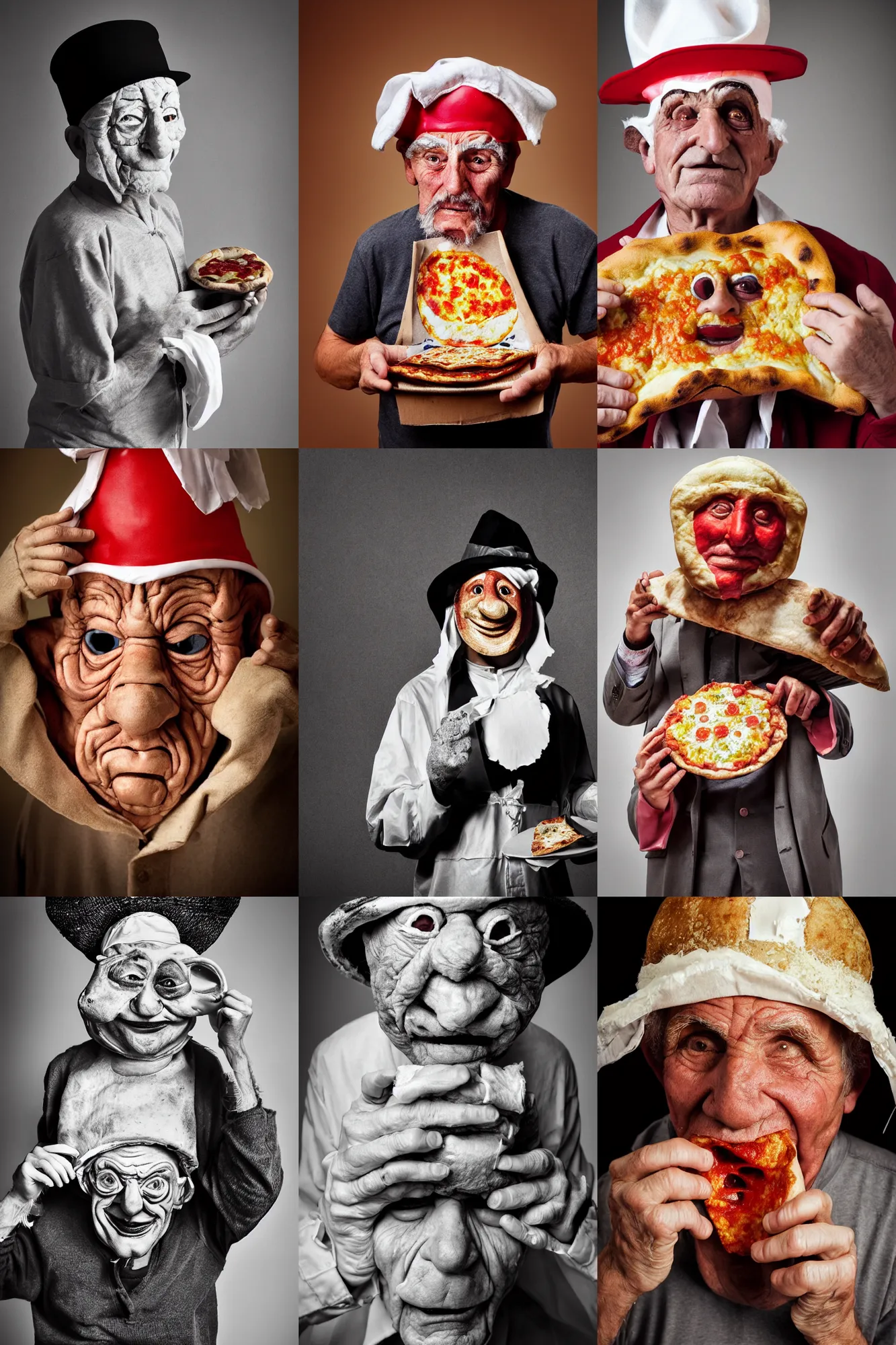 Prompt: close - up portrait of a wrinkled old man wearing a pulcinella mask holding up a pizza!! to behold, clear eyes looking into camera, baggy clothing and hat, masterpiece photo by kenneth willardt