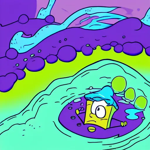 Prompt: Giant purple sphere of slime floating above an underwater city, cartoon artwork, in the style of Spongebob